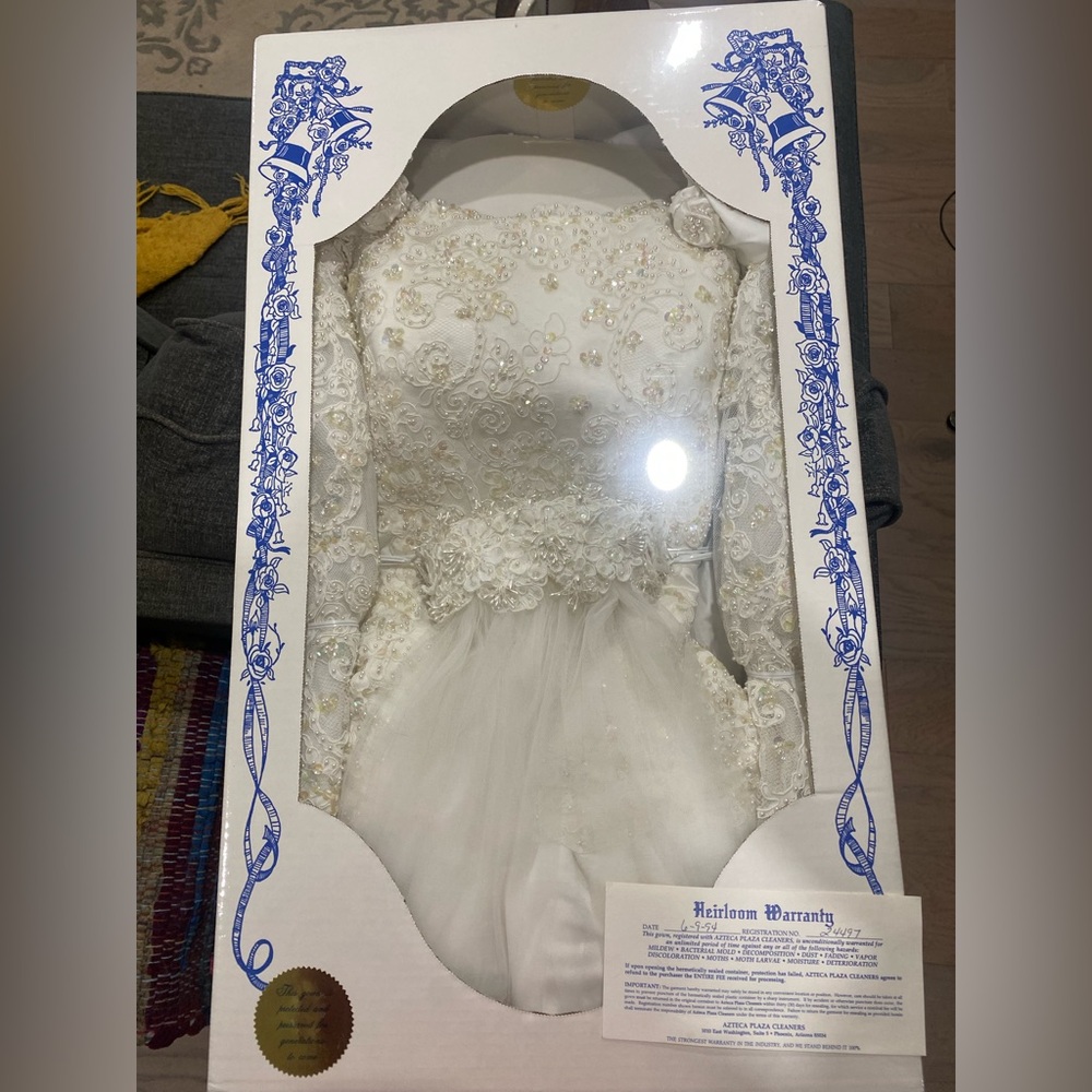 1994 beaded and sequence preserved wedding dress in box with veil